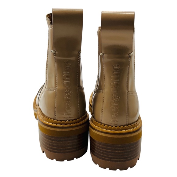 SEE BY CHLOE BEIGE POLISHED LEATHER CAP TOE PULL ON ANKLE BOOTS